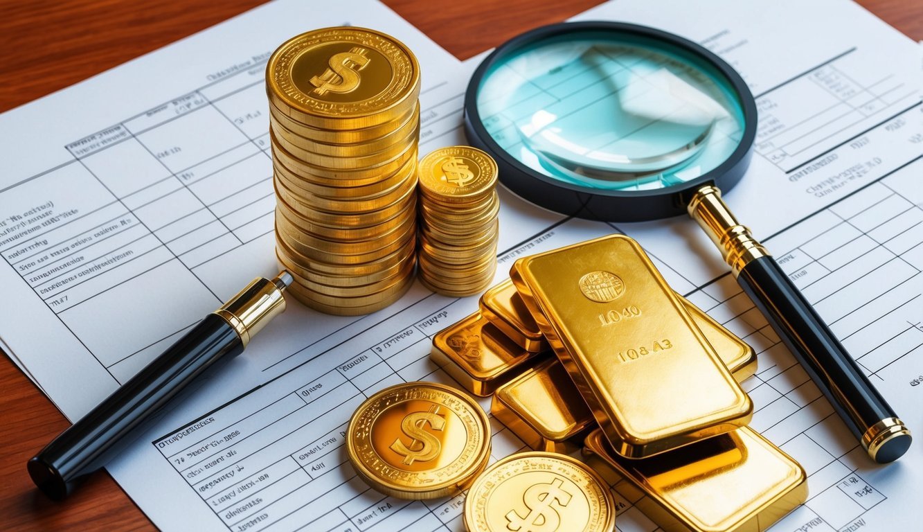 A stack of gold coins and bars, alongside financial documents and a magnifying glass