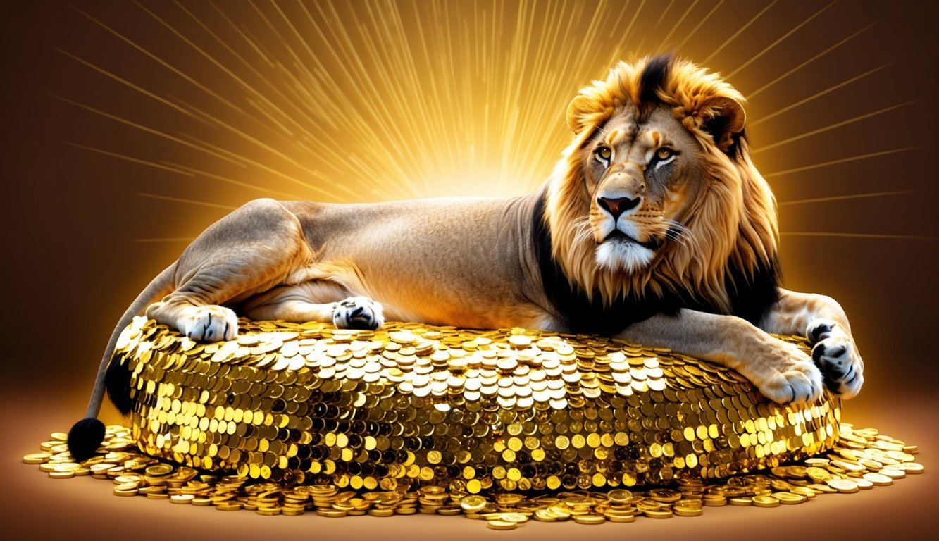 A regal lion reclining on a bed of shimmering gold coins, surrounded by a radiant glow