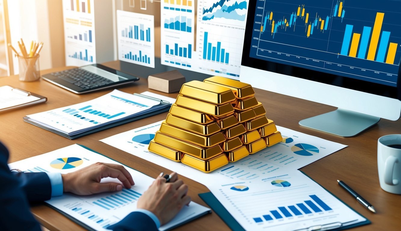 A desk with a computer and paperwork, surrounded by financial charts and graphs. A stack of gold bars sits prominently in the center of the desk