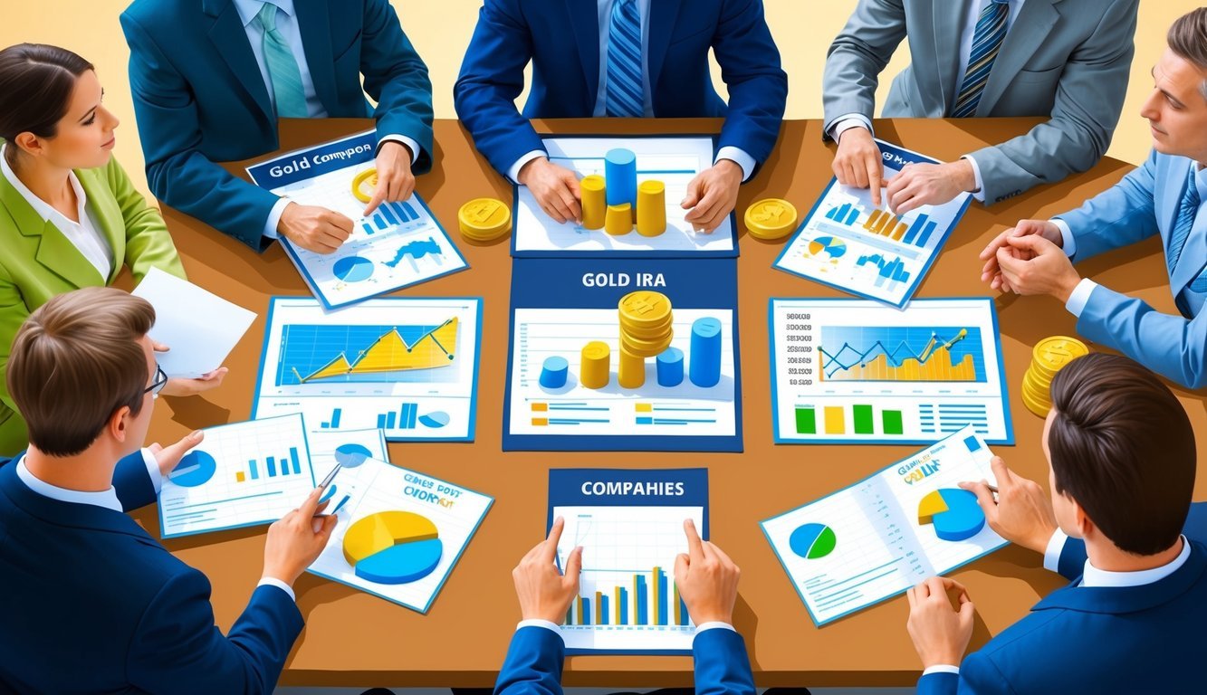 A group of investors gather around a table, discussing and comparing different gold IRA companies. Charts and graphs are spread out in front of them as they debate the best options