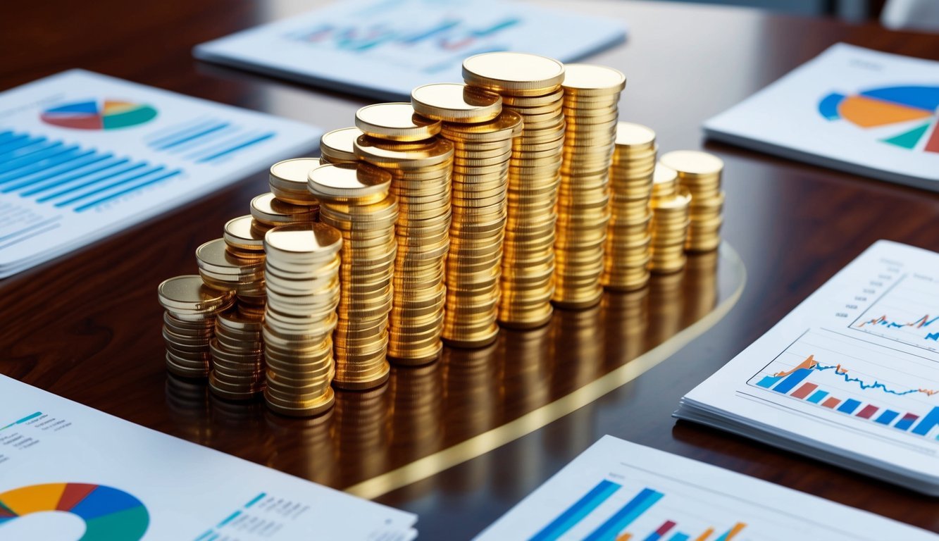 A stack of gold coins and bars arranged neatly on a polished wooden table, surrounded by financial charts and investment guides