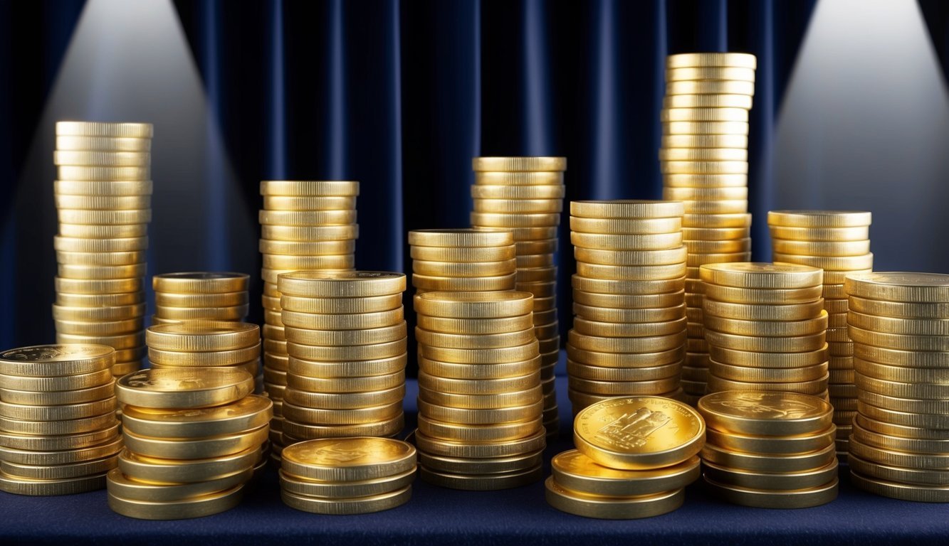 A stack of gold coins and bars arranged on a dark velvet background, with a spotlight shining on them