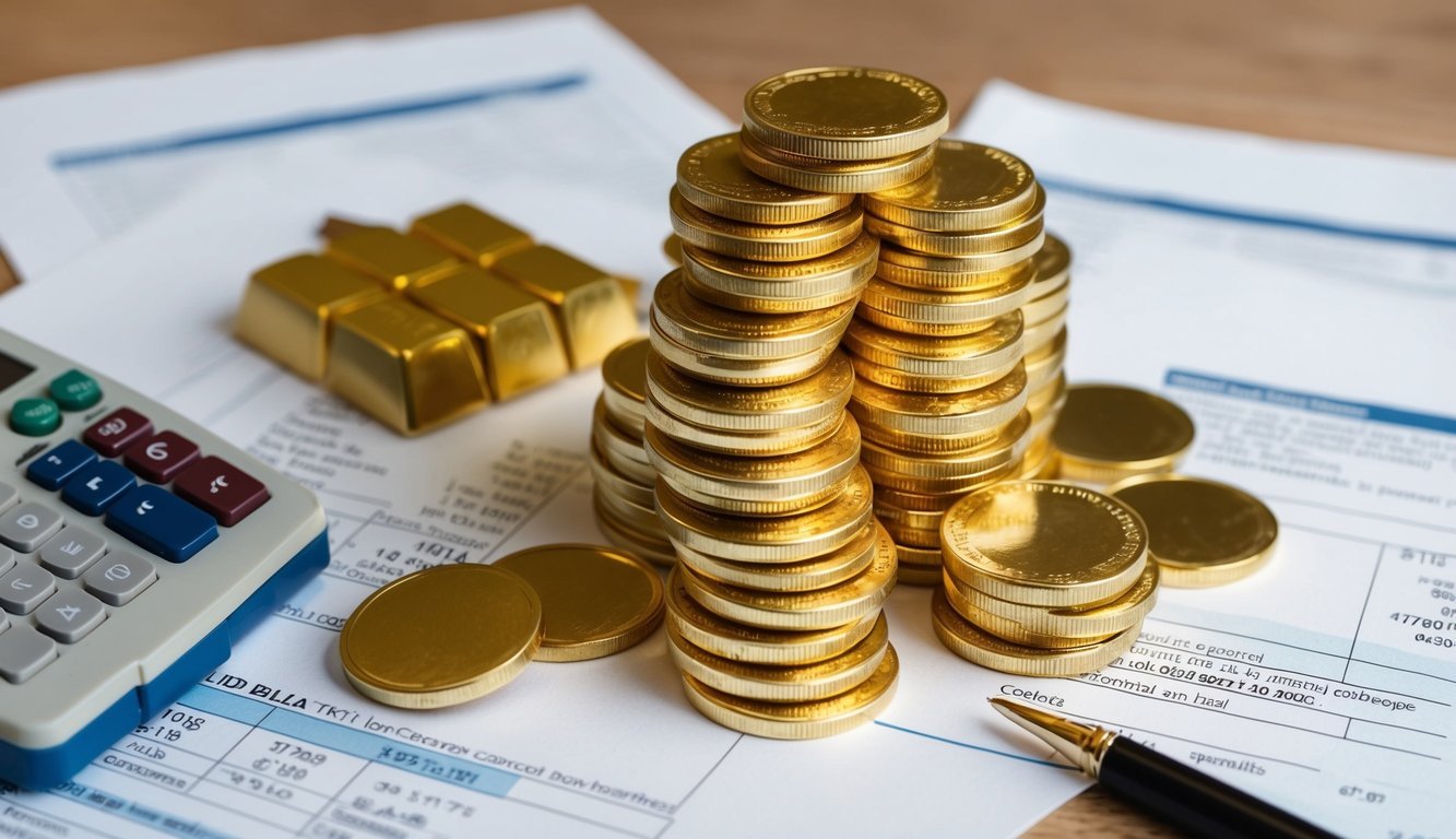 A stack of gold coins and bars surrounded by financial documents and a gold IRA kit