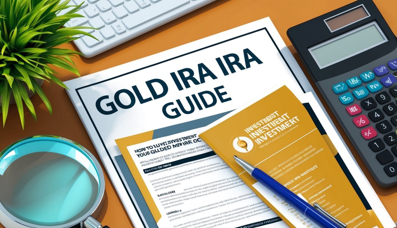 A table with a gold IRA guide, investment brochures, a magnifying glass, and a calculator
