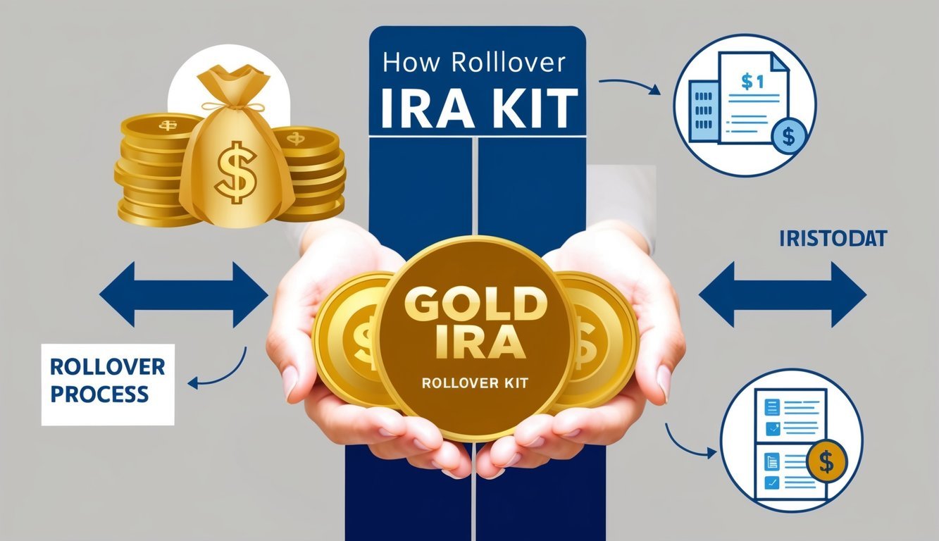 A hand holding a gold IRA kit, with arrows and diagrams illustrating the rollover process