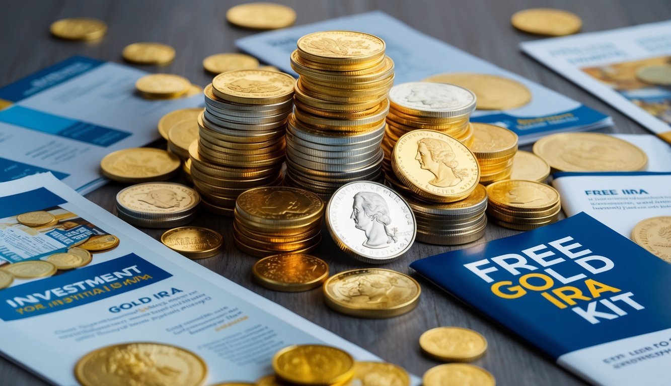 A pile of gold and silver coins surrounded by investment brochures and a free gold IRA kit