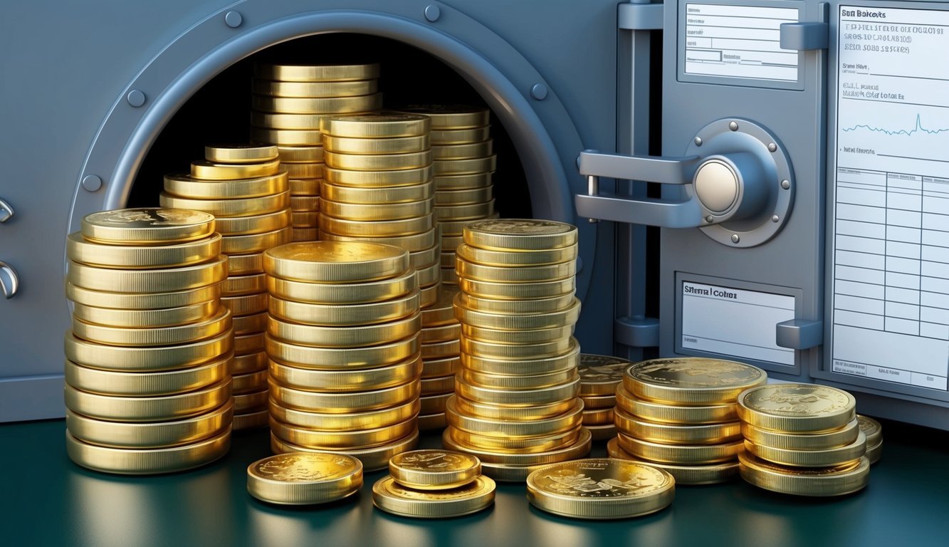 A stack of gold coins and bars surrounded by a vault door and investment forms