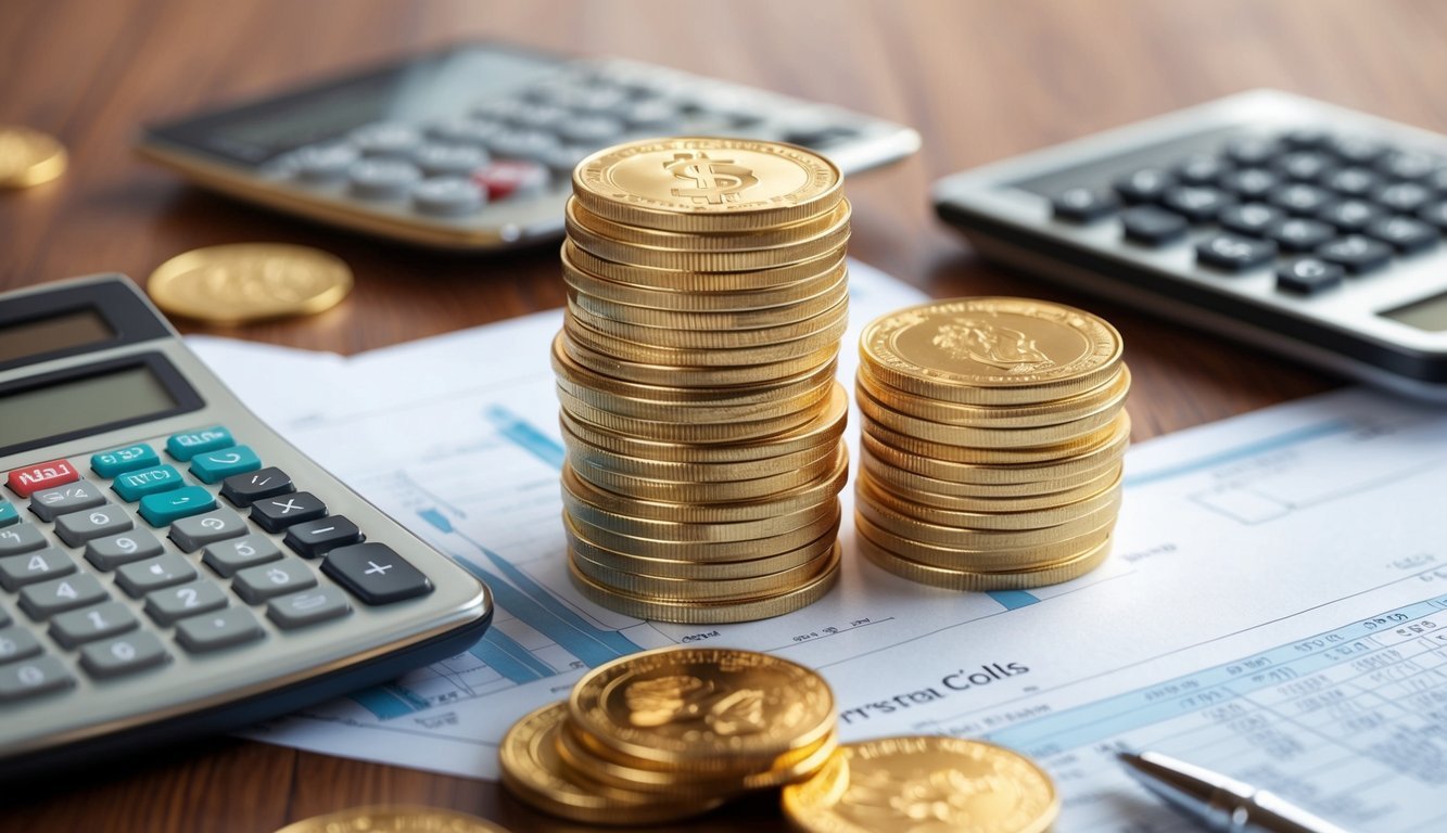 A stack of gold coins surrounded by financial documents and a calculator