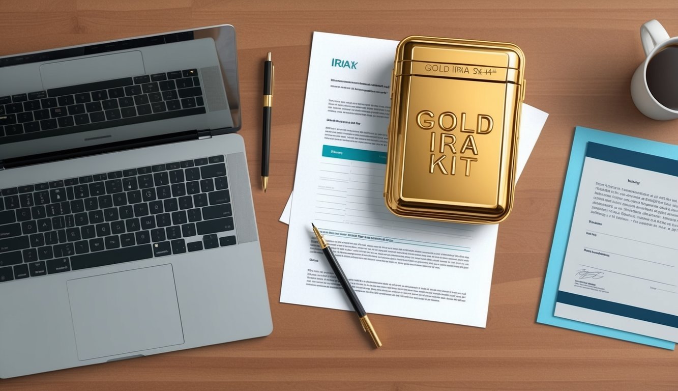 A desk with a laptop, paperwork, and a gold IRA kit