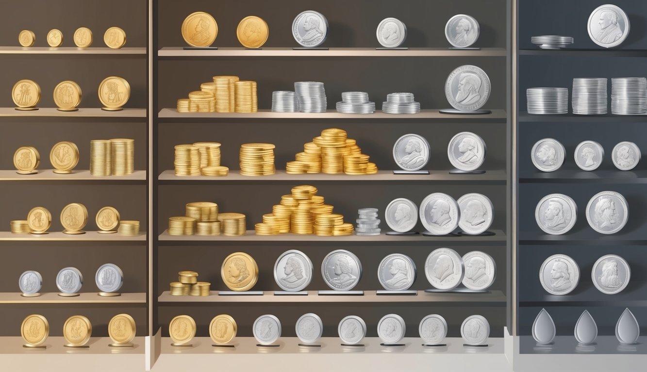 A diverse selection of precious metals, such as gold, silver, and platinum, arranged in a secure and professional setting