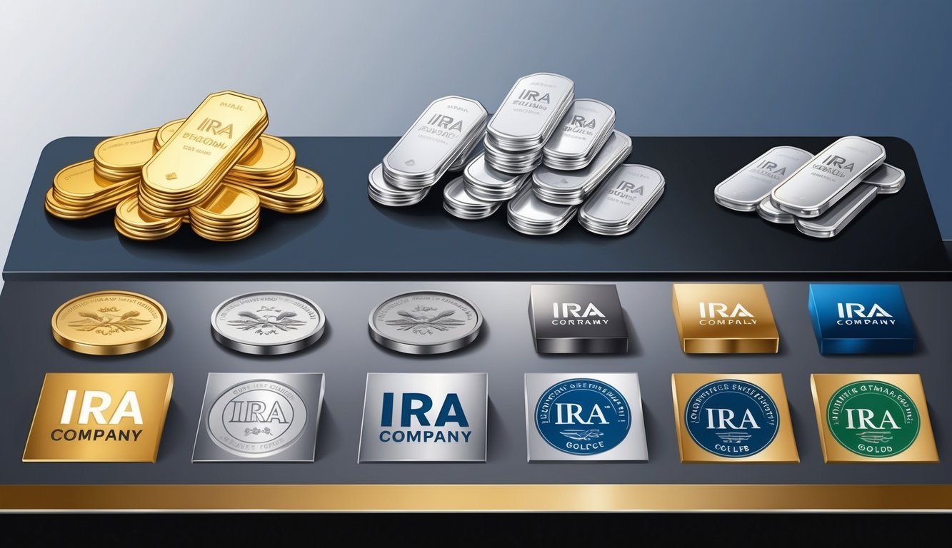A table with various precious metals (gold, silver, platinum) and IRA company logos displayed in a sleek and professional manner