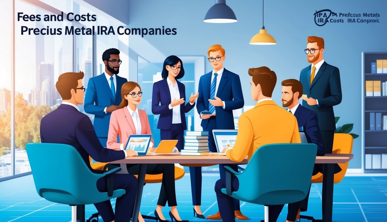 A group of financial experts discussing fees and costs for precious metals IRA companies in a modern office setting