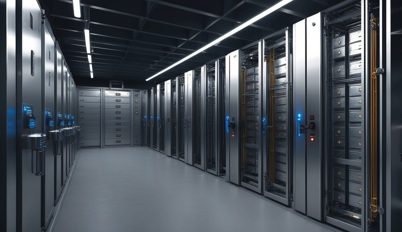 A secure vault with rows of metal storage containers and advanced security systems