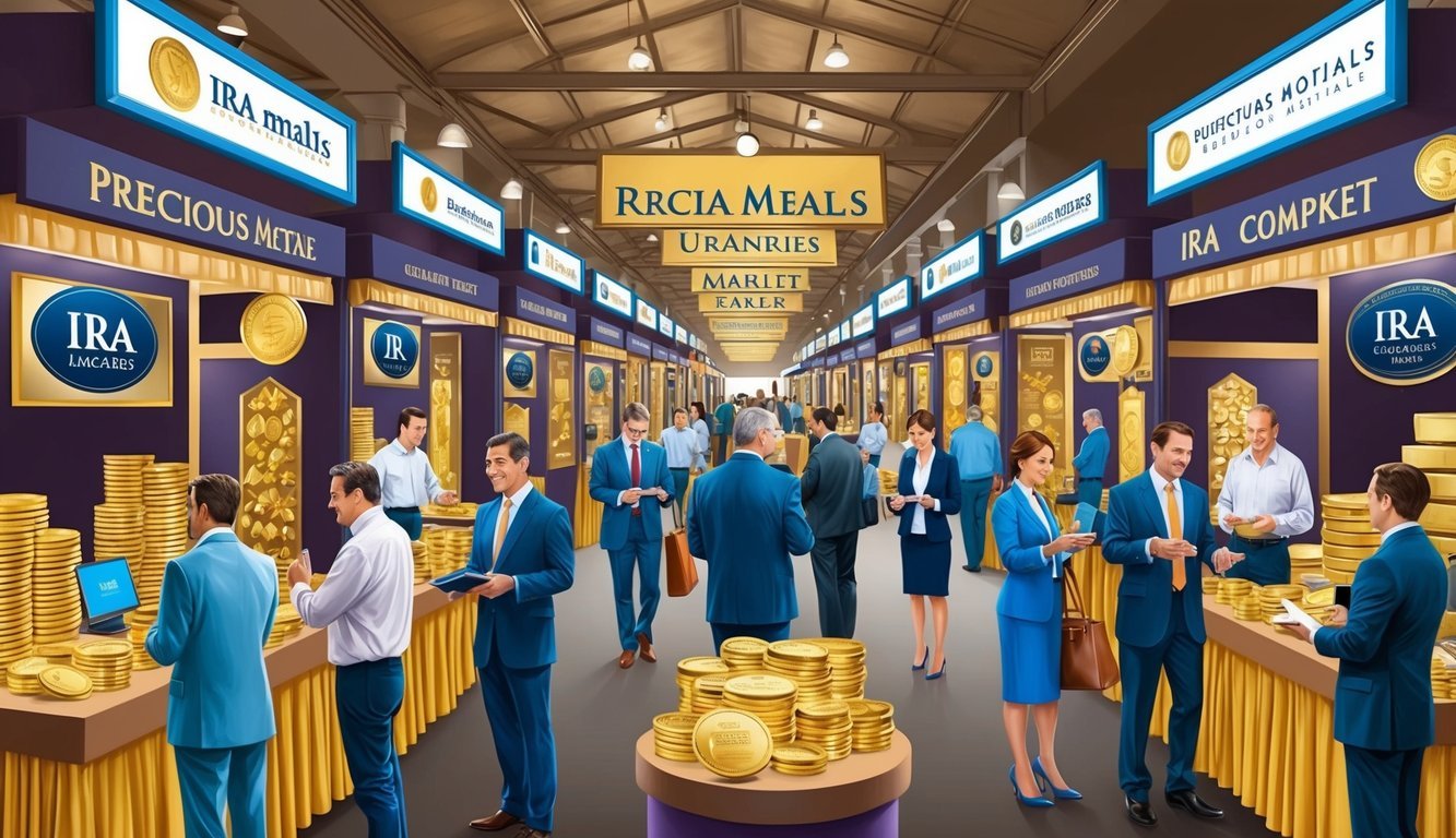 A bustling market with various precious metals and IRA companies' logos displayed on booths and banners. Shoppers and professionals engage in discussions and transactions
