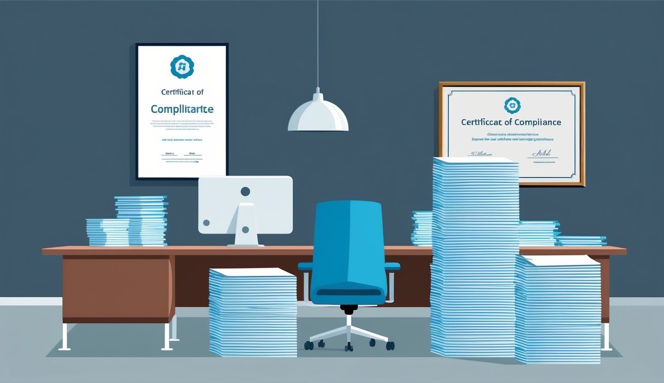 A sleek office setting with a large desk, computer, and stacks of paperwork. A framed certificate of compliance hangs on the wall