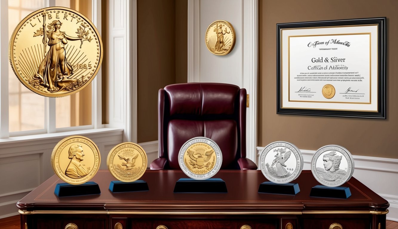 A luxurious office with gold and silver bullion displayed on a mahogany desk. A framed certificate of authenticity hangs on the wall