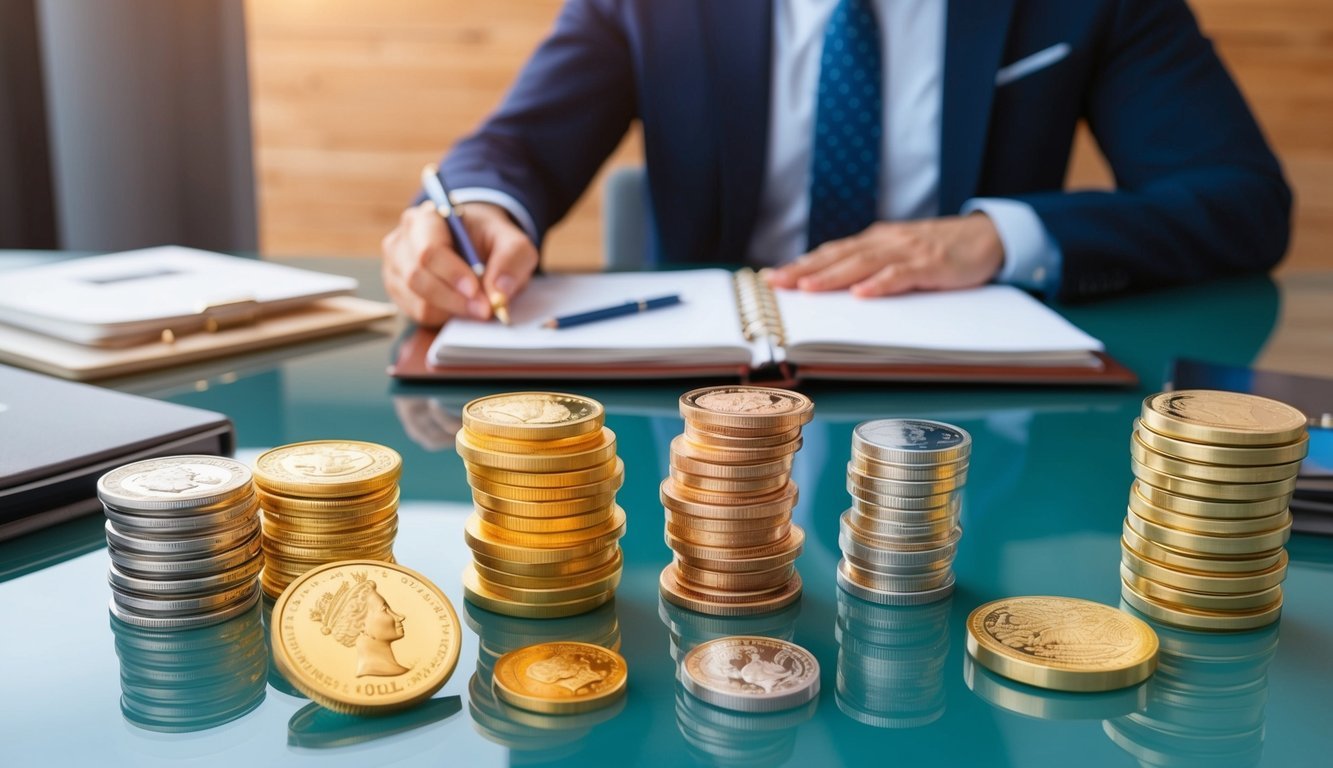 A table displaying various precious metals, coins, and investment products. A consultant assisting a customer with a portfolio review