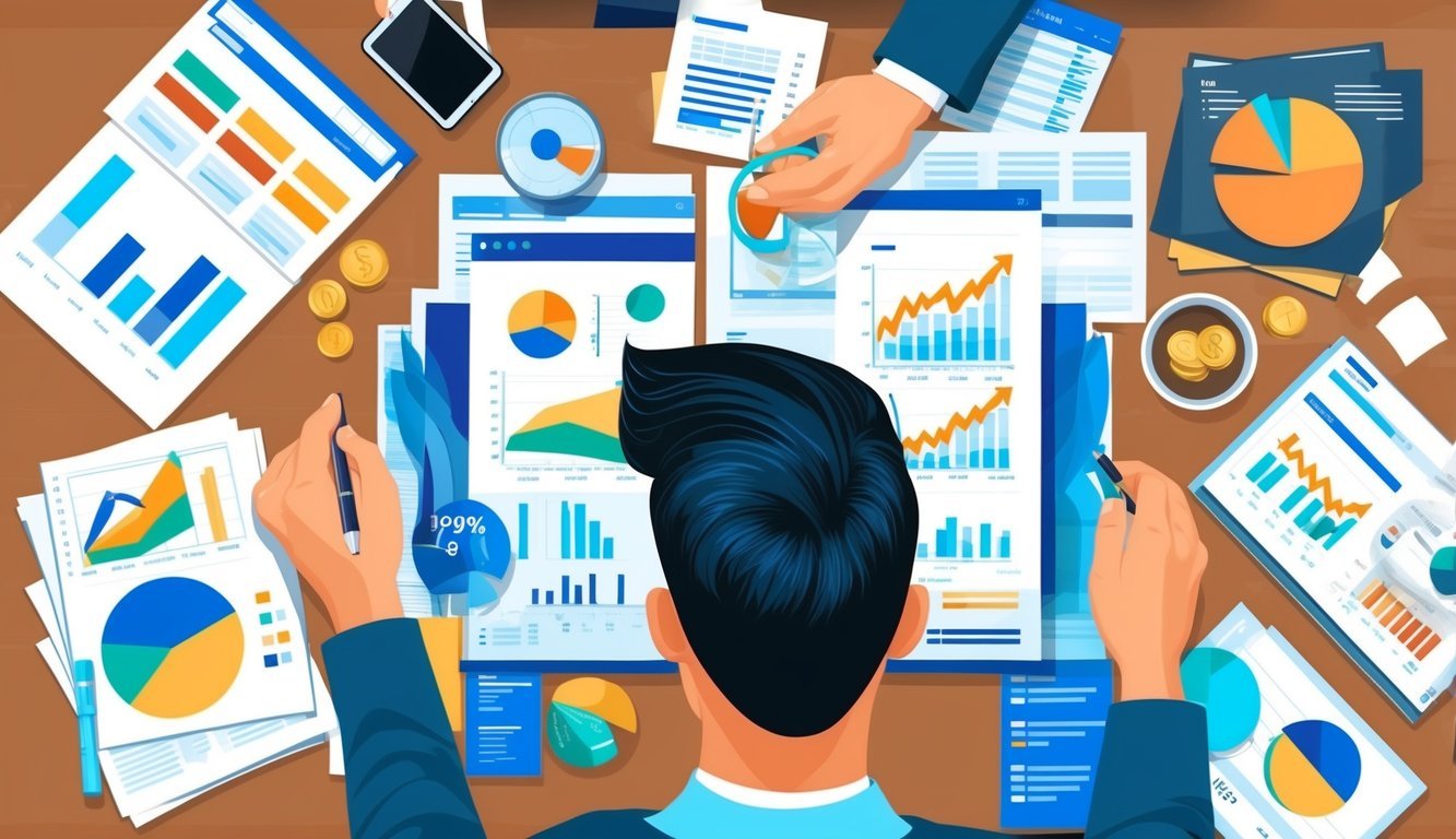 A person researching and comparing different investment options, surrounded by charts, graphs, and financial documents