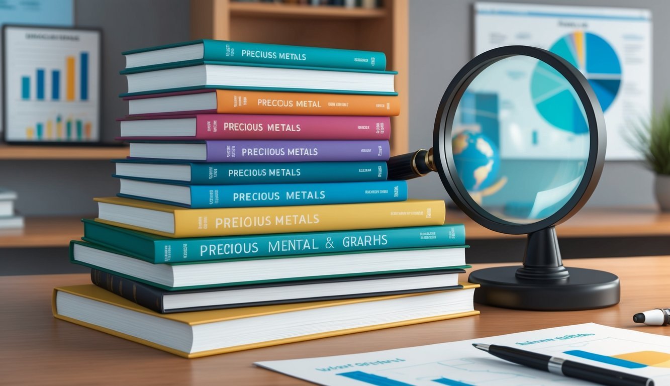 A stack of educational resources on precious metals, including books, charts, and graphs, displayed on a desk with a magnifying glass and a pen