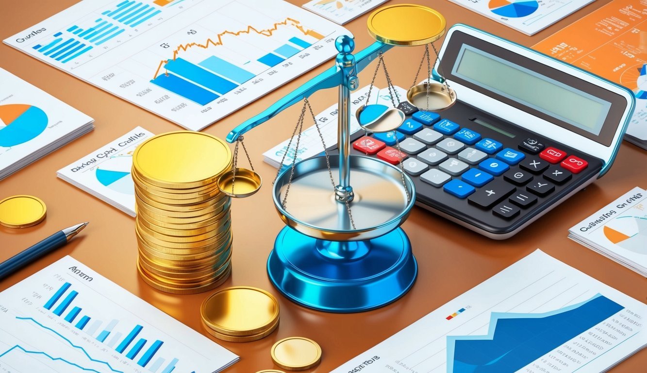 A table with gold and silver coins, a scale, and a calculator surrounded by charts and graphs