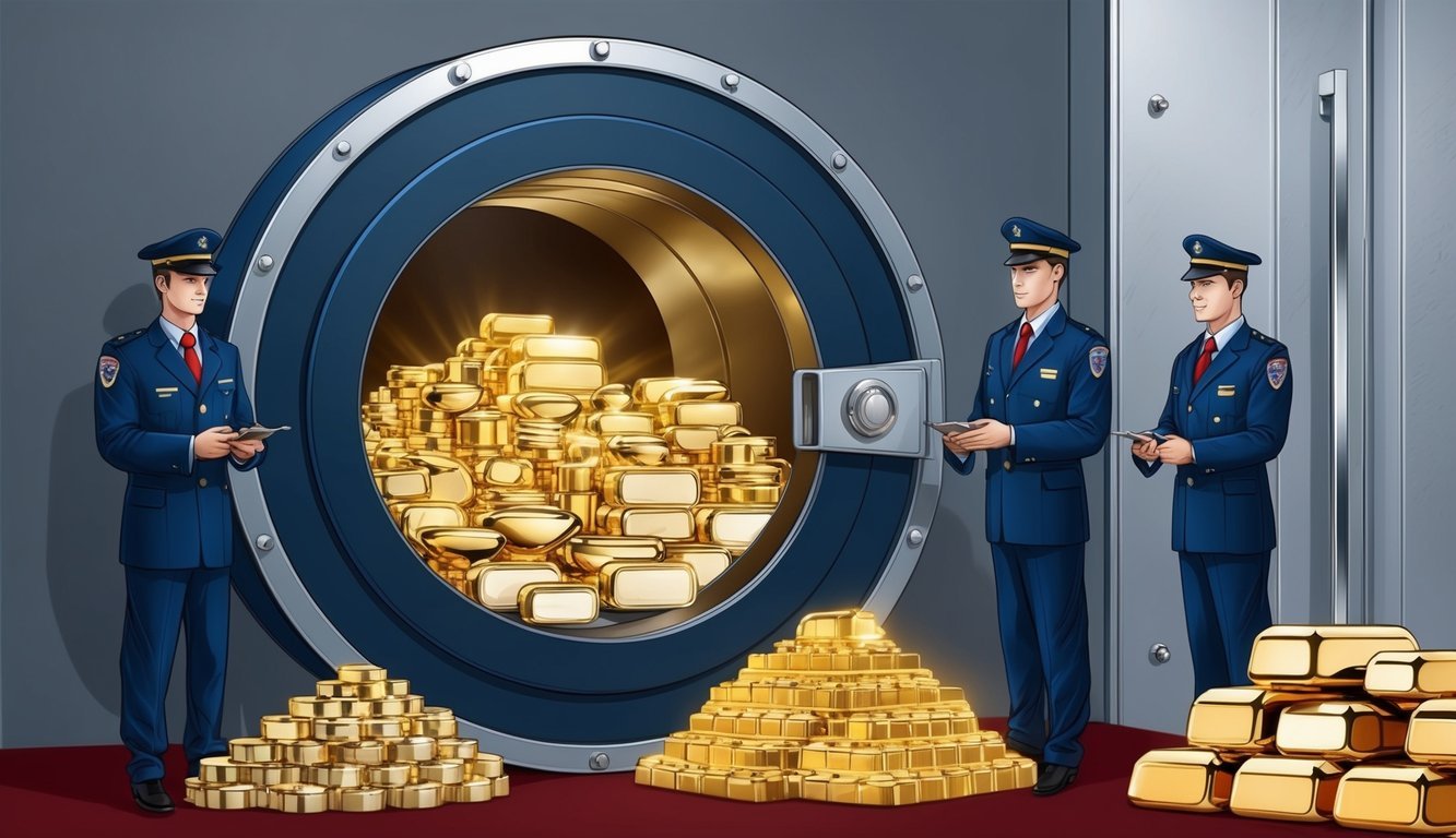 A secure vault filled with precious metals and guarded by custodians