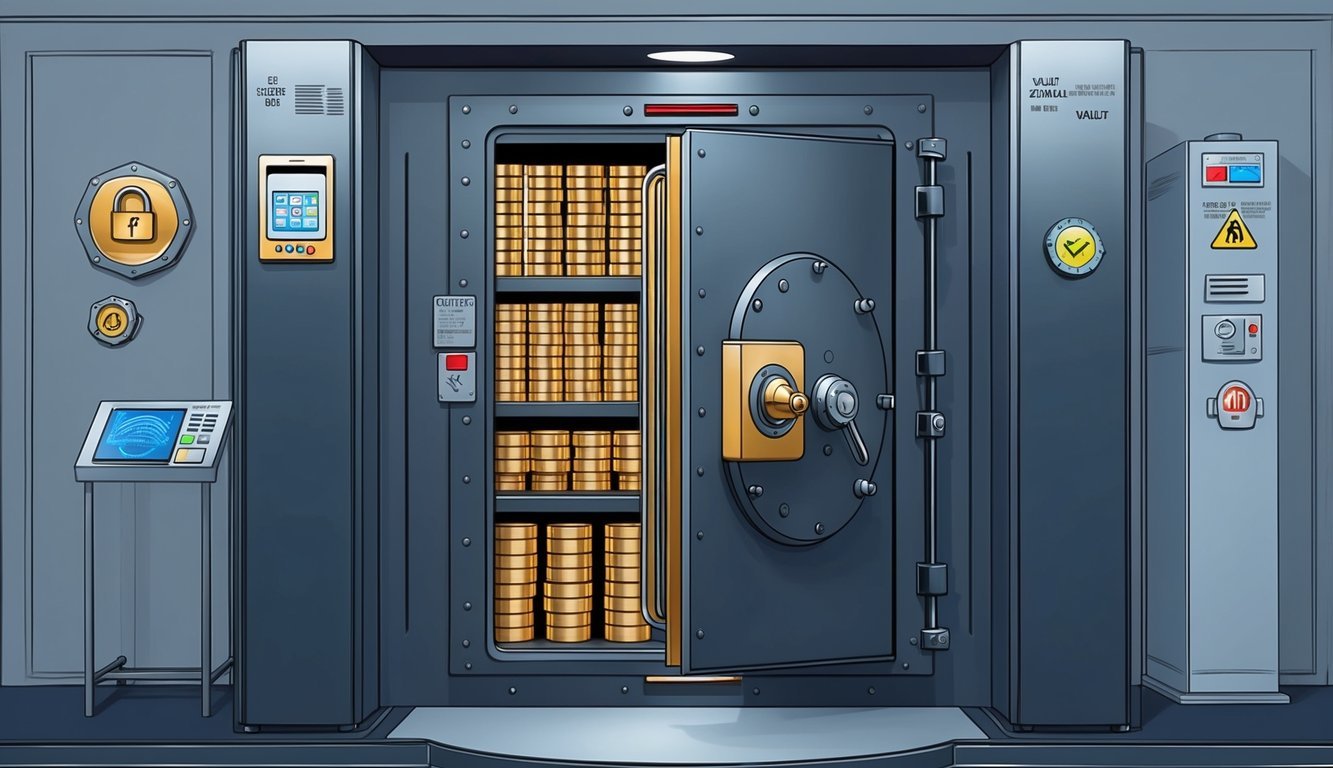 A secure vault with precious metals, monitored by regulatory compliance and safety measures