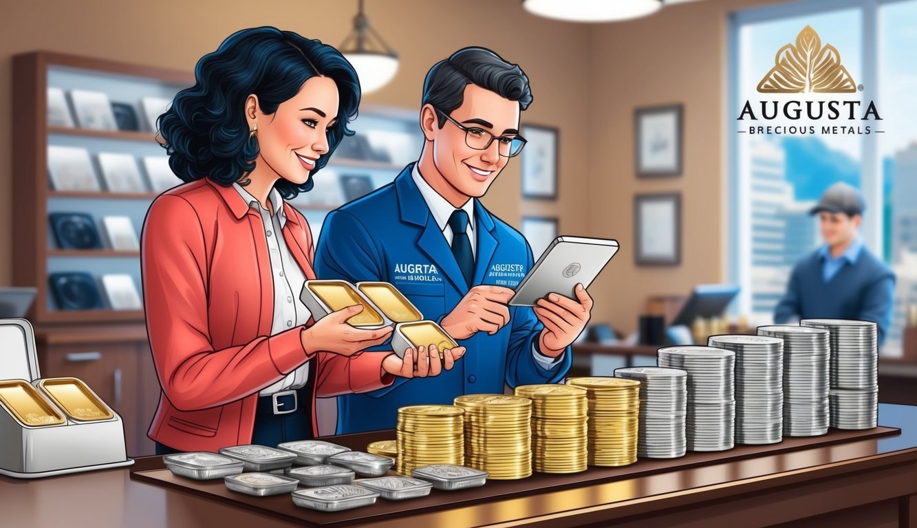 A customer examining gold and silver products at Augusta Precious Metals, with a knowledgeable staff member assisting