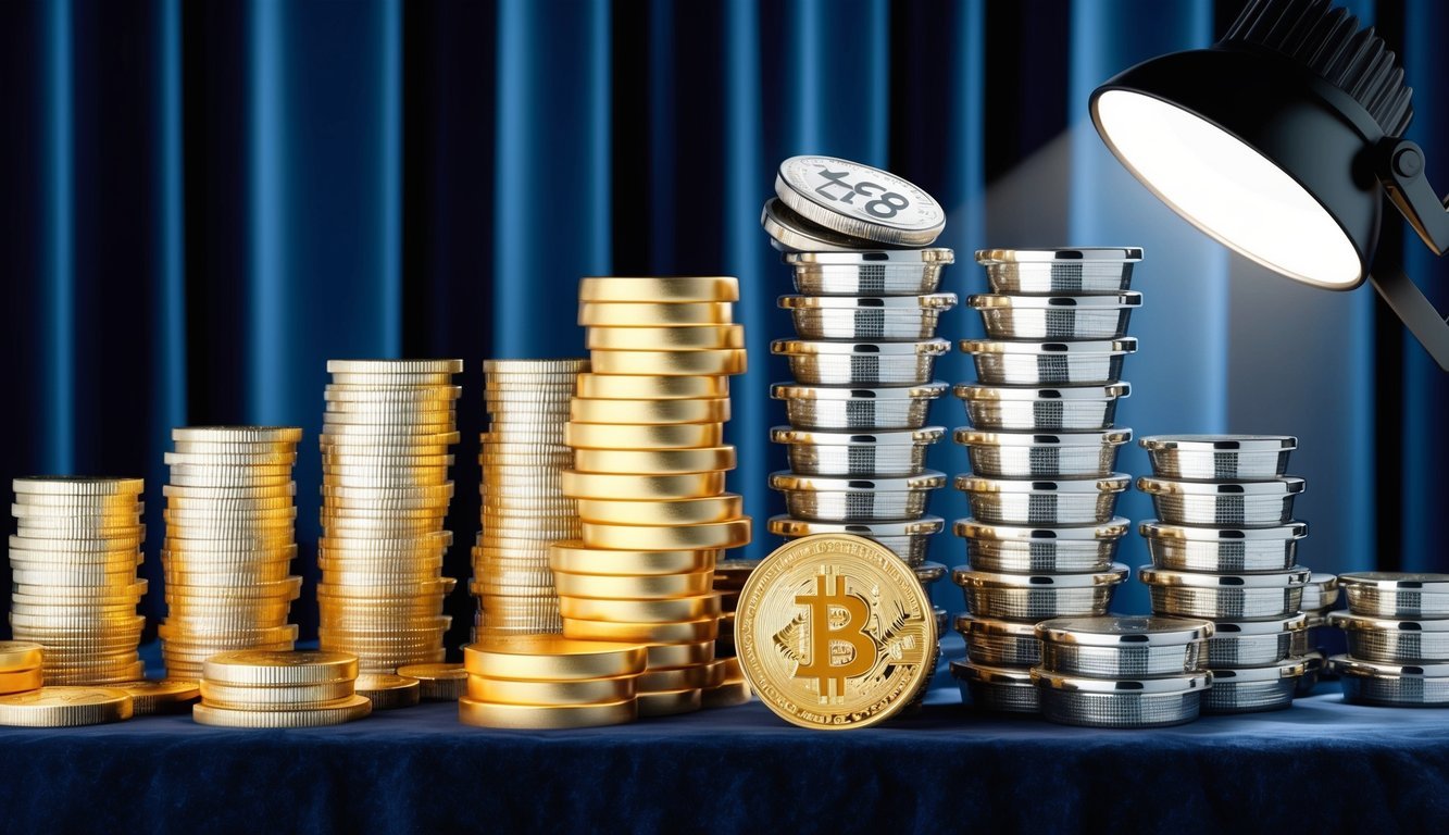 A stack of gold and silver coins and bars arranged on a dark velvet background, with a spotlight highlighting their lustrous surfaces