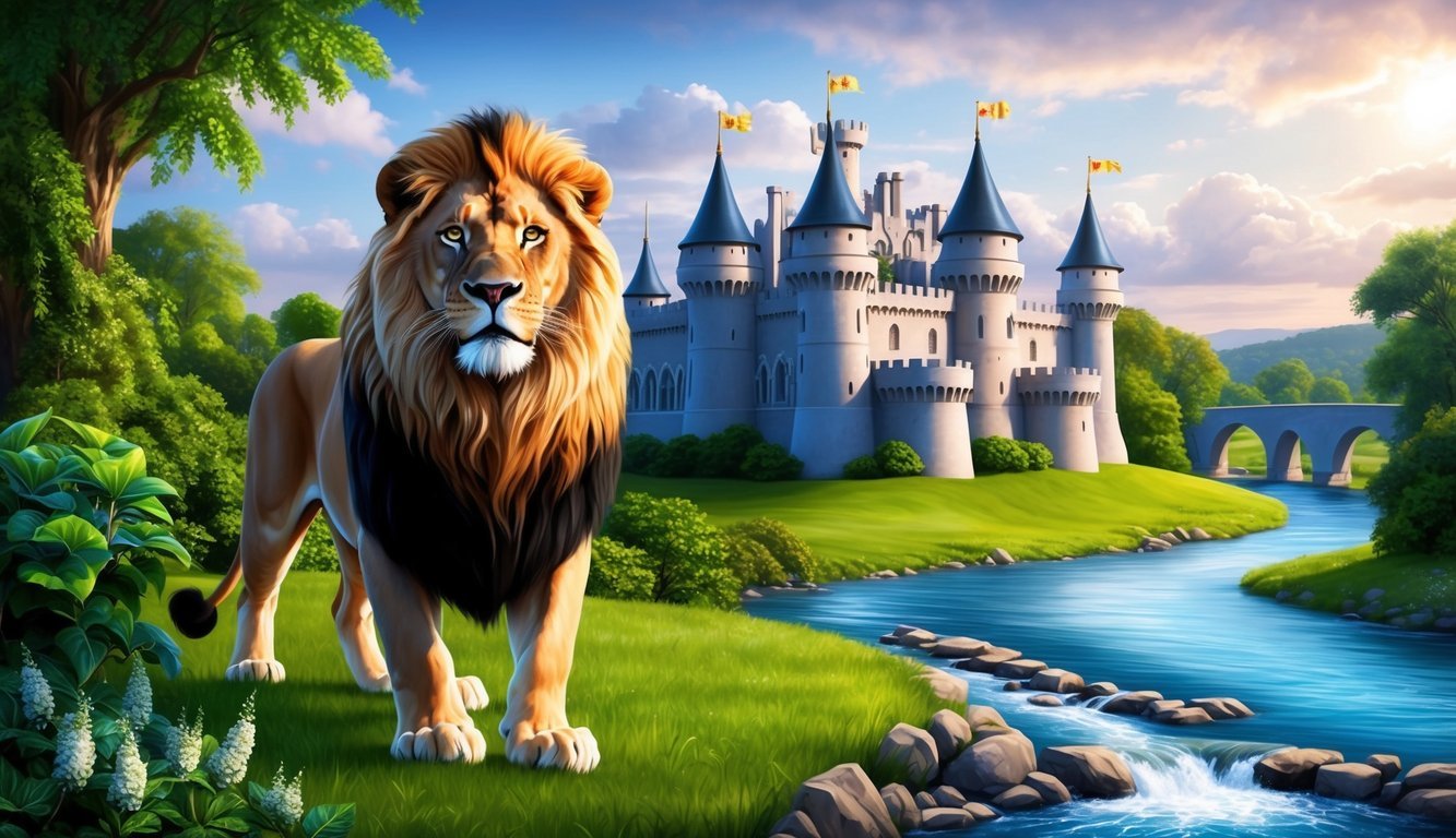 A regal lion stands proudly in front of a grand castle, surrounded by lush greenery and a flowing river, symbolizing strength and stability