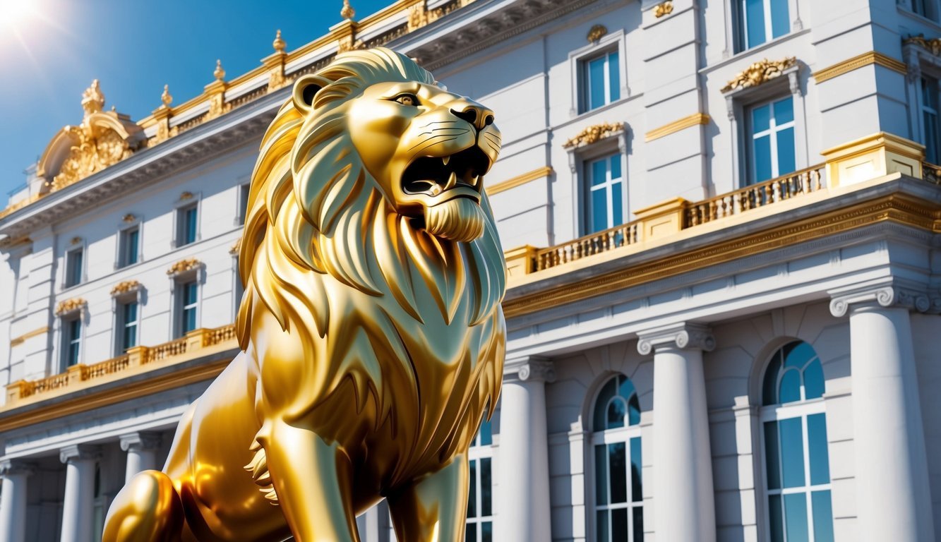 A regal lion statue stands majestically in front of a grand building, adorned with gold accents. The sun glistens off the intricate details, symbolizing the strength and stability of investing in gold with Noble Gold