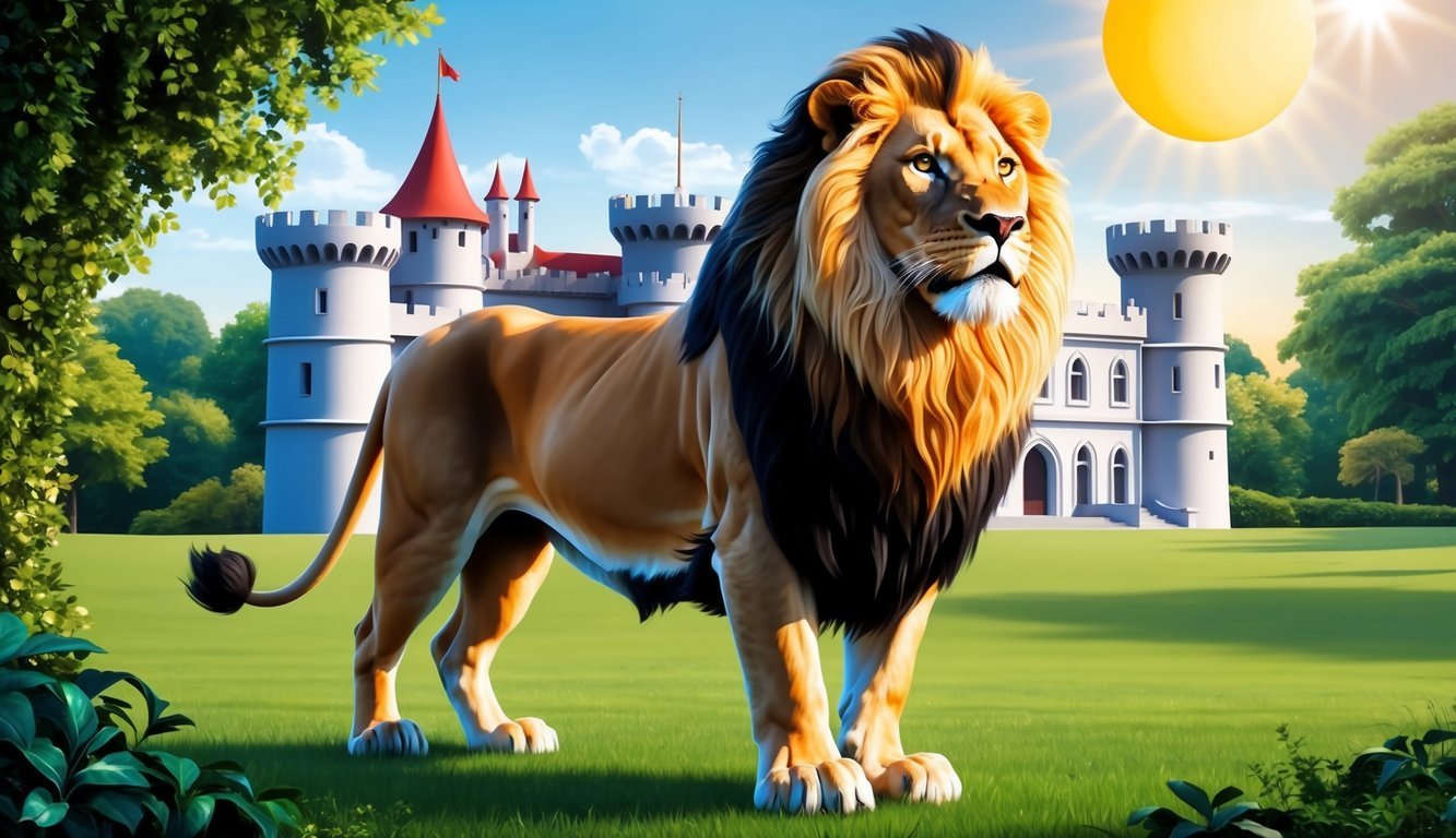 A regal lion standing proudly in front of a grand castle, with a shining sun and lush greenery in the background