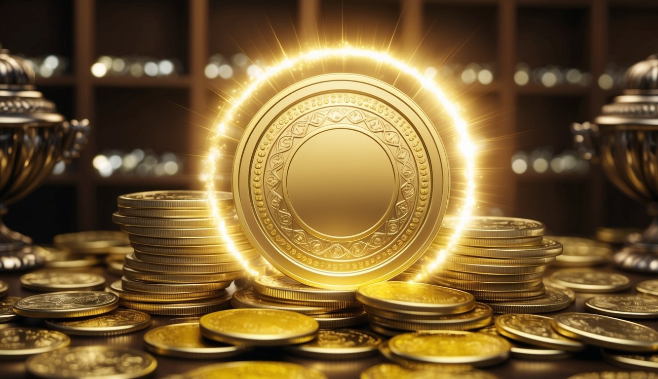 A regal golden coin surrounded by a halo of shimmering light, nestled among stacks of glistening treasure and adorned with intricate patterns