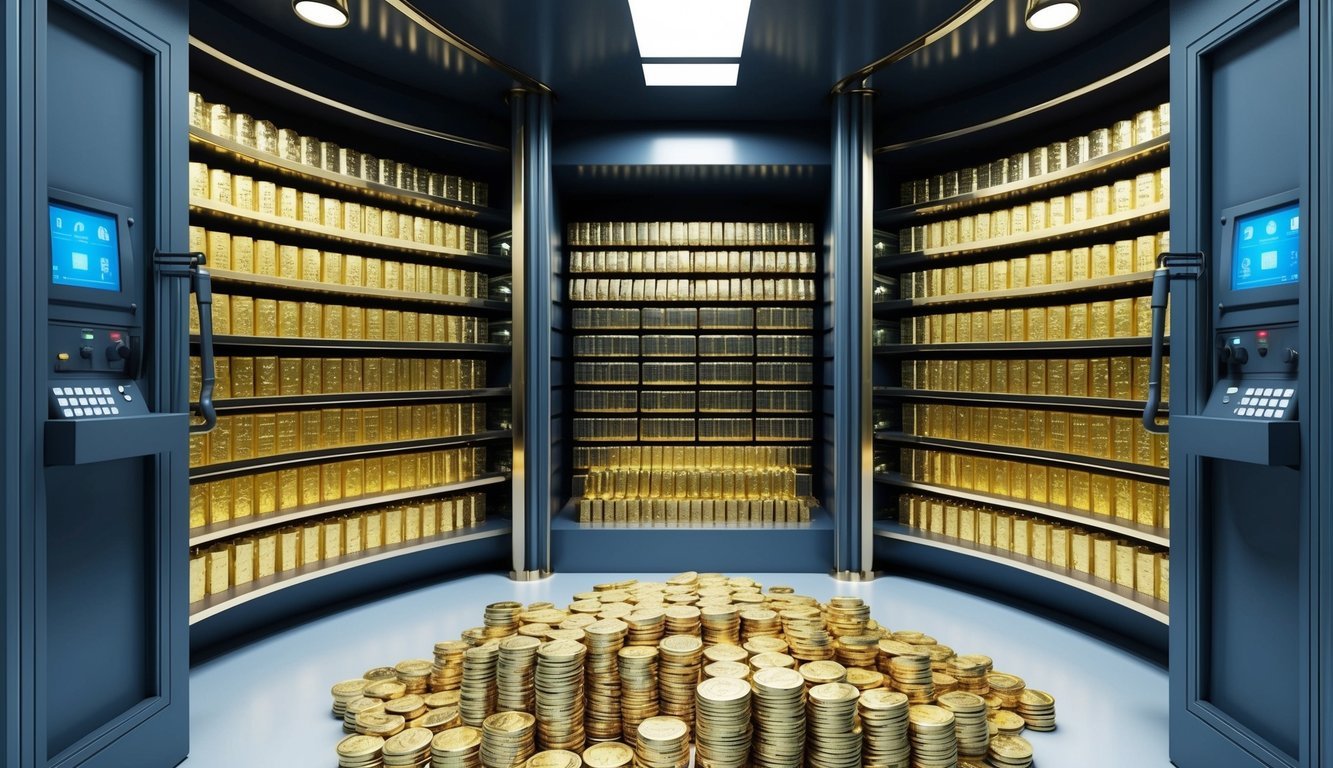 A grand and secure vault filled with rows of gleaming gold bars and stacks of precious coins, guarded by high-tech security systems