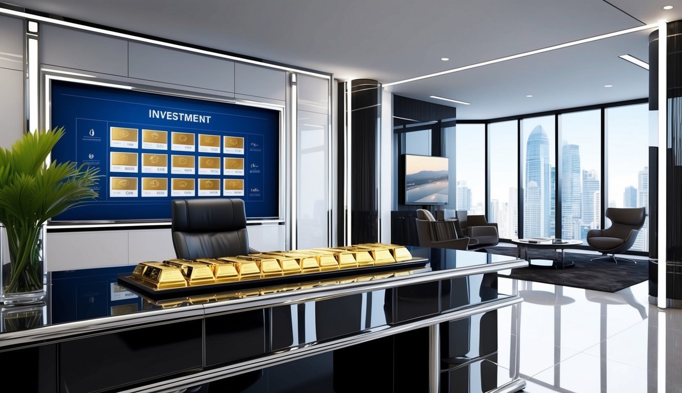 A luxurious office setting with a sleek, modern design. A polished desk displays gold investment options. A professional atmosphere with high-end amenities