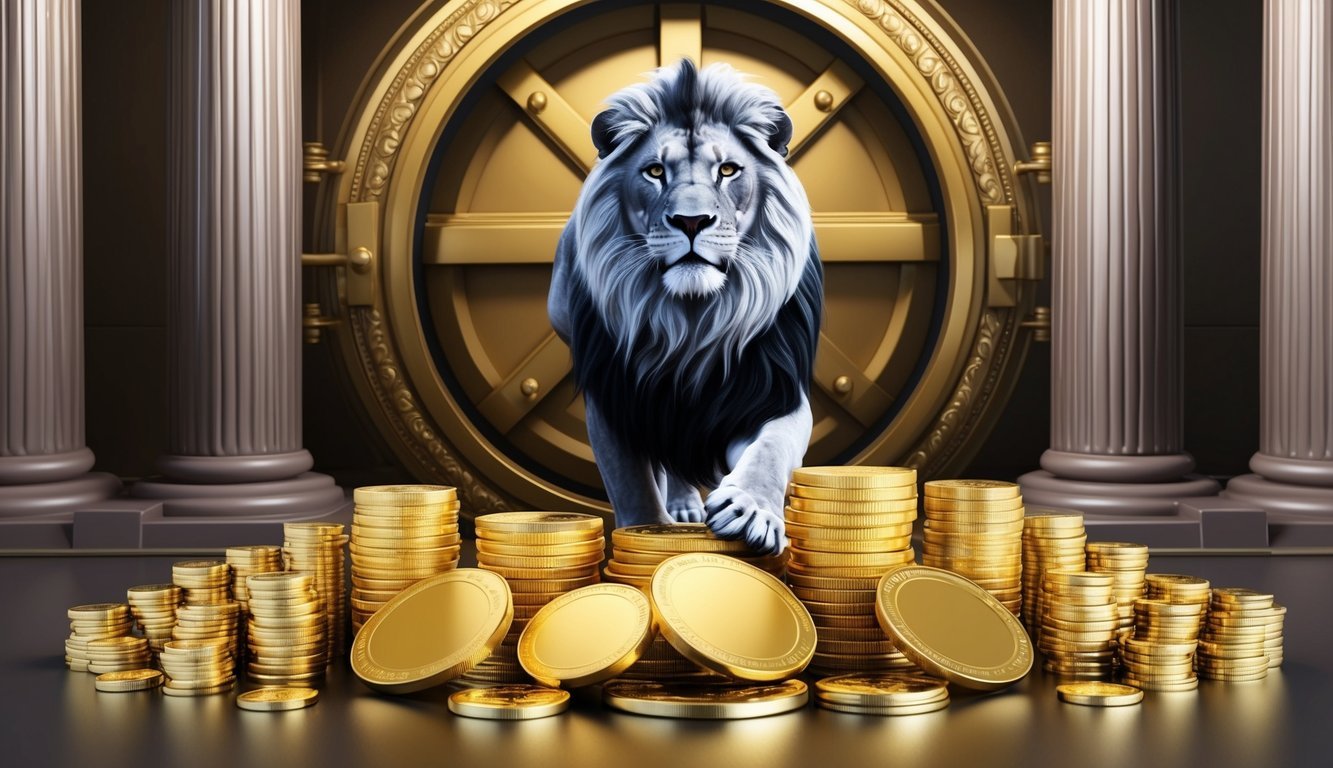 A regal lion stands guard over a collection of gleaming gold coins and bars, surrounded by ornate pillars and a grand vault door