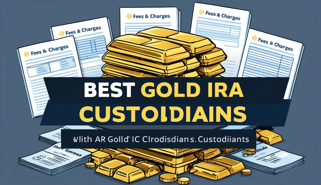 A stack of gold bars surrounded by various fees and charges documents, with a prominent "Best Gold IRA Custodians" title