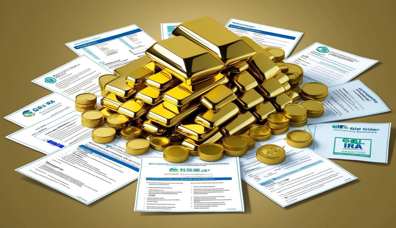 A pile of gold bars and coins surrounded by various investment options and restrictions documents, with the logos of top Gold IRA custodians displayed prominently