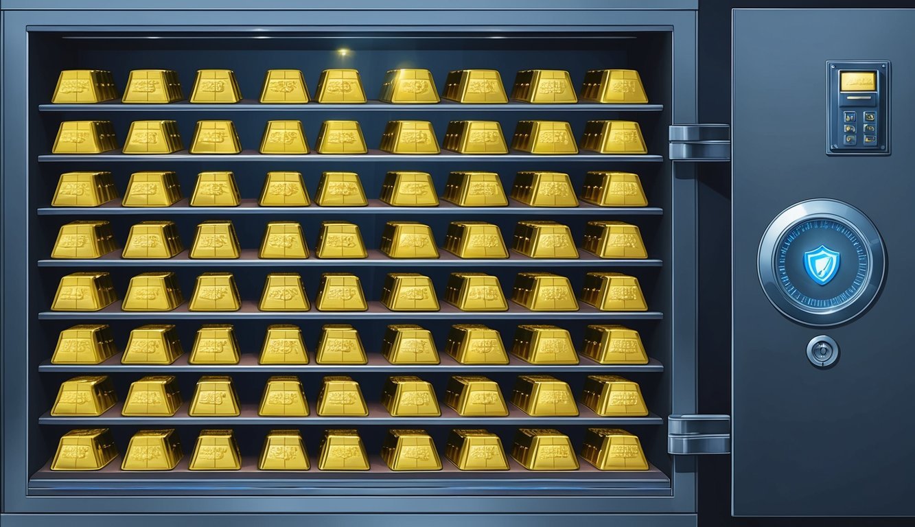 A secure vault with rows of gold bars and a sophisticated security system