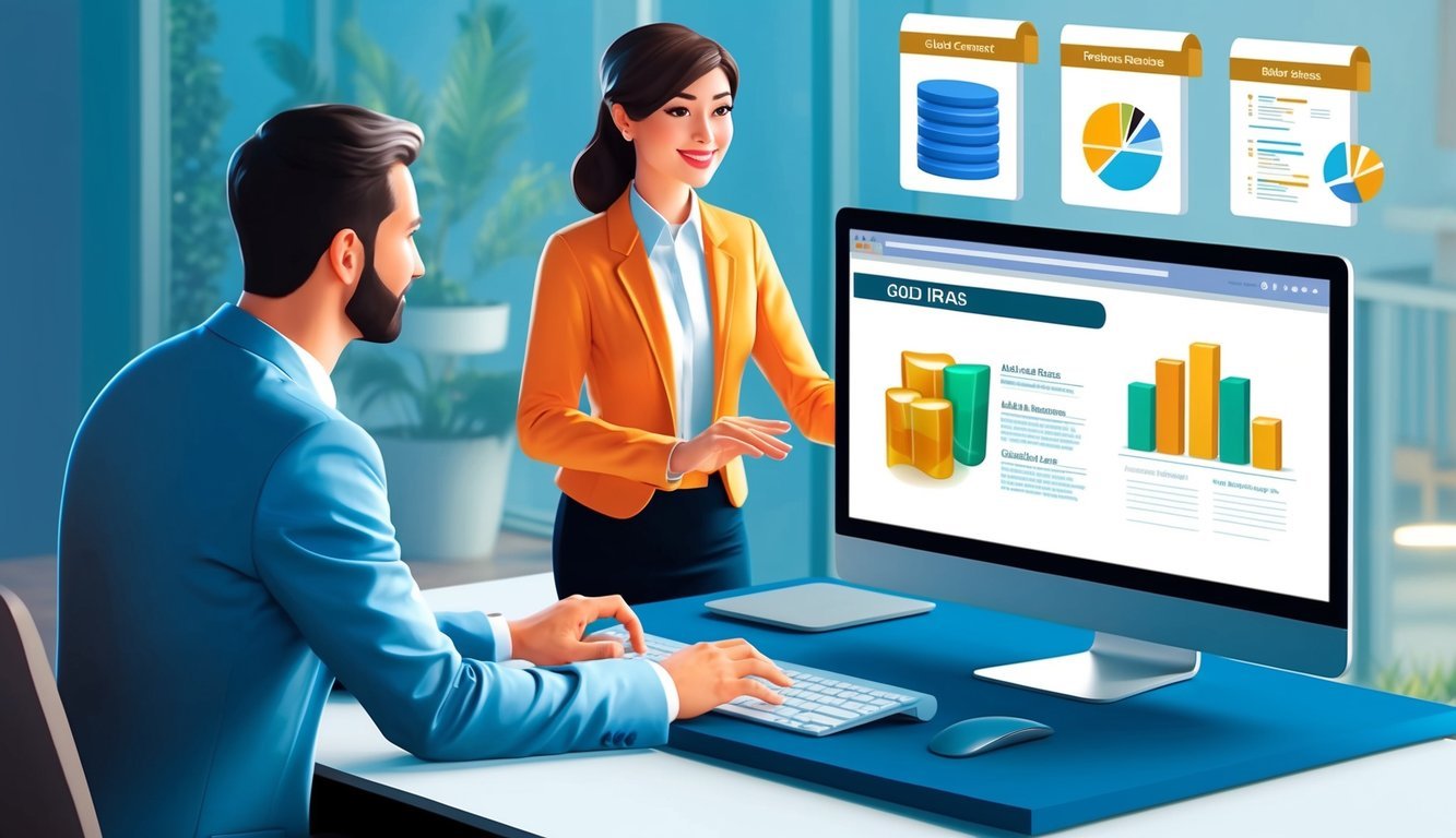 A customer support representative assists a client while educational resources on gold IRAs are displayed on a computer screen