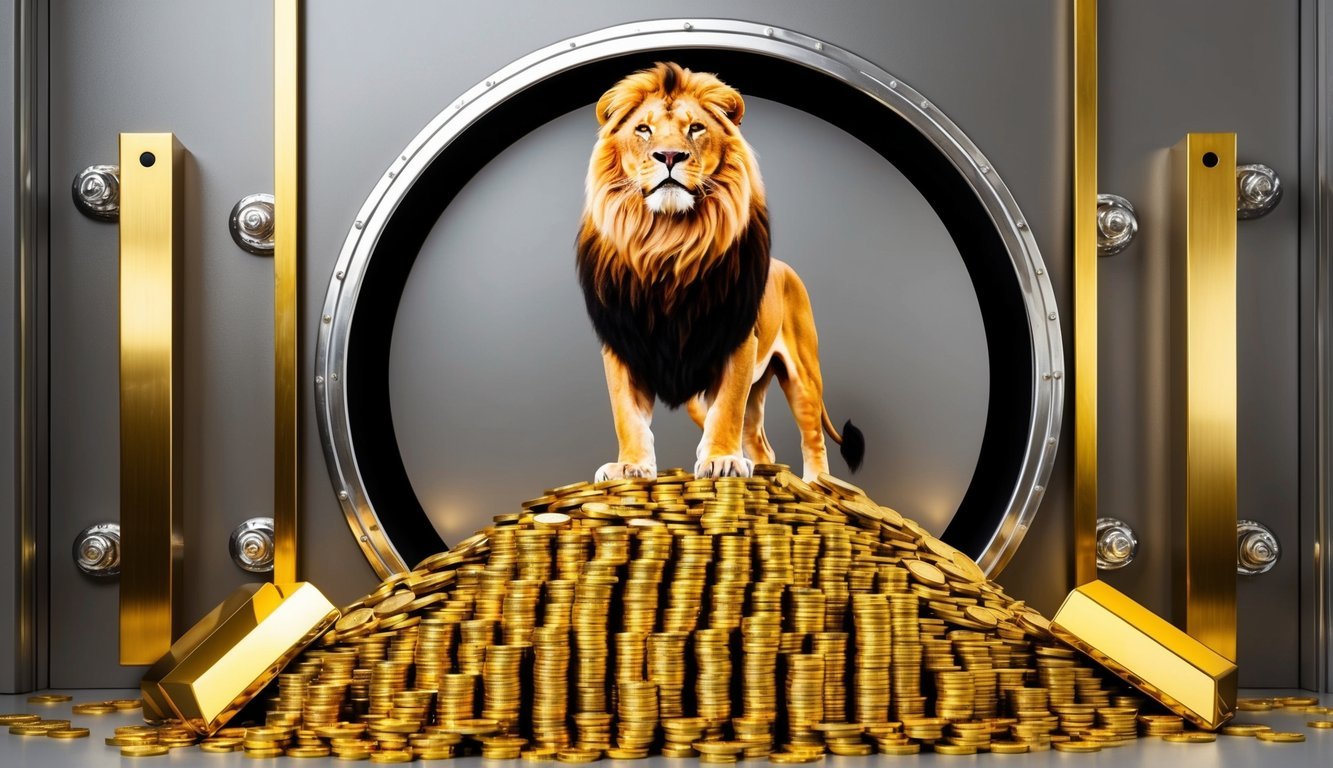 A regal lion standing proudly atop a mound of gold coins, surrounded by shining gold bars and a vault door
