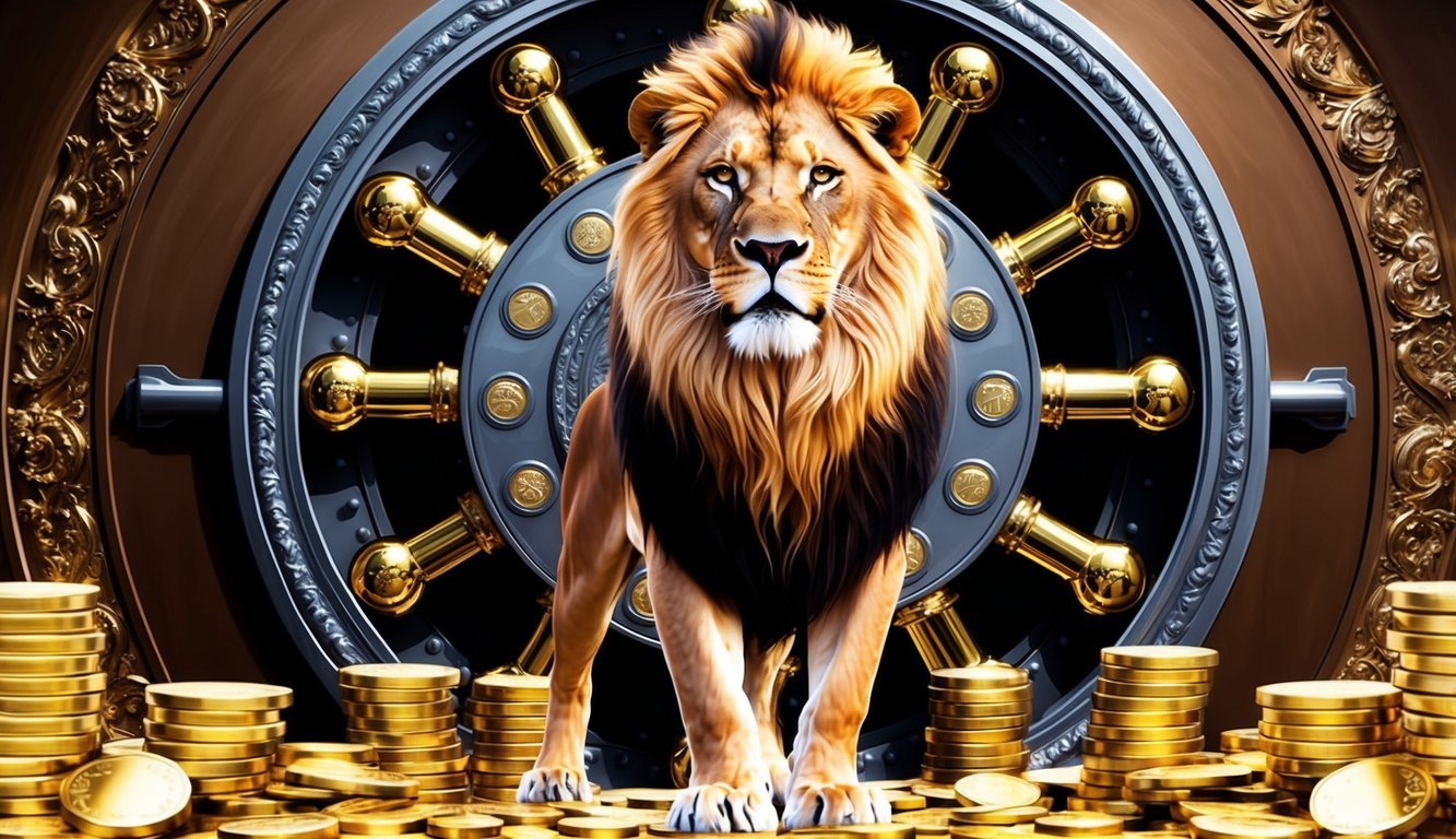 A regal lion standing proudly in front of a grand, ornate vault filled with gleaming gold bars and coins