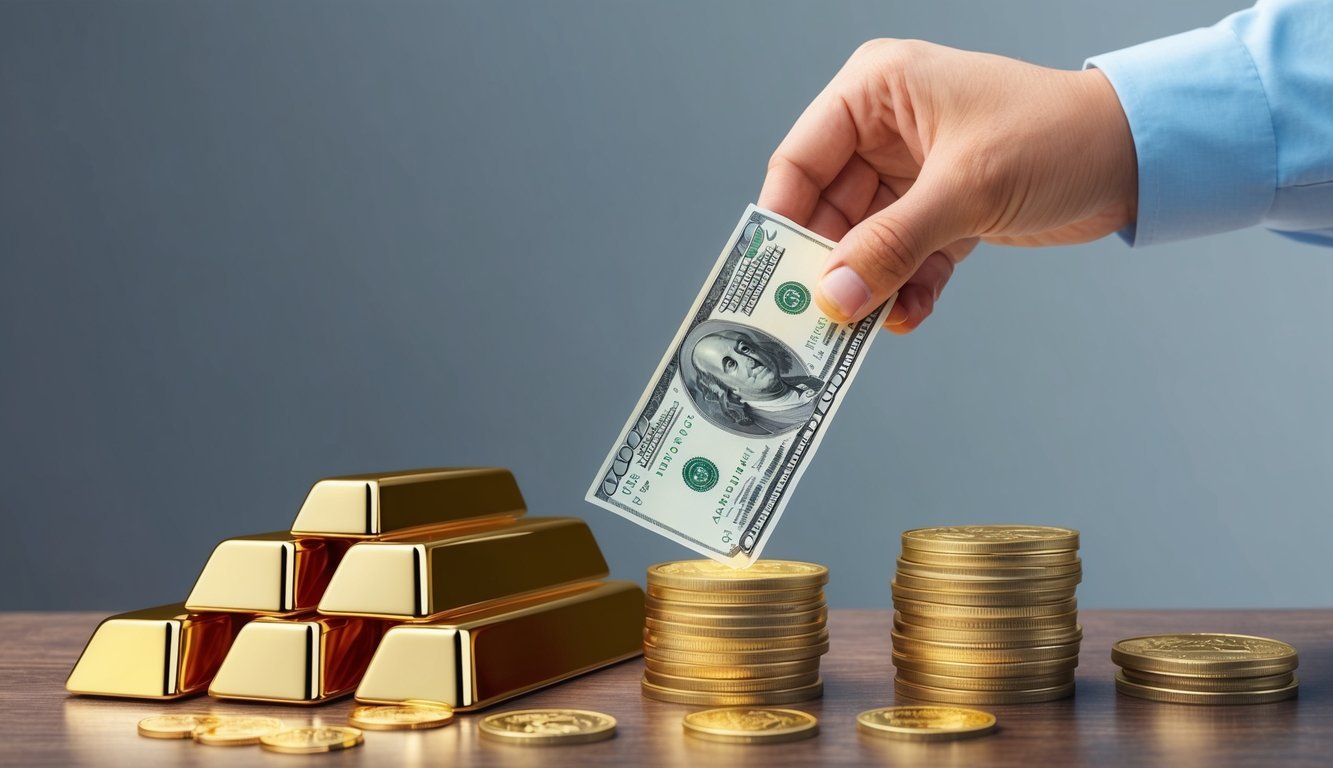 A person transferring money from a 403b retirement account into gold bars and coins