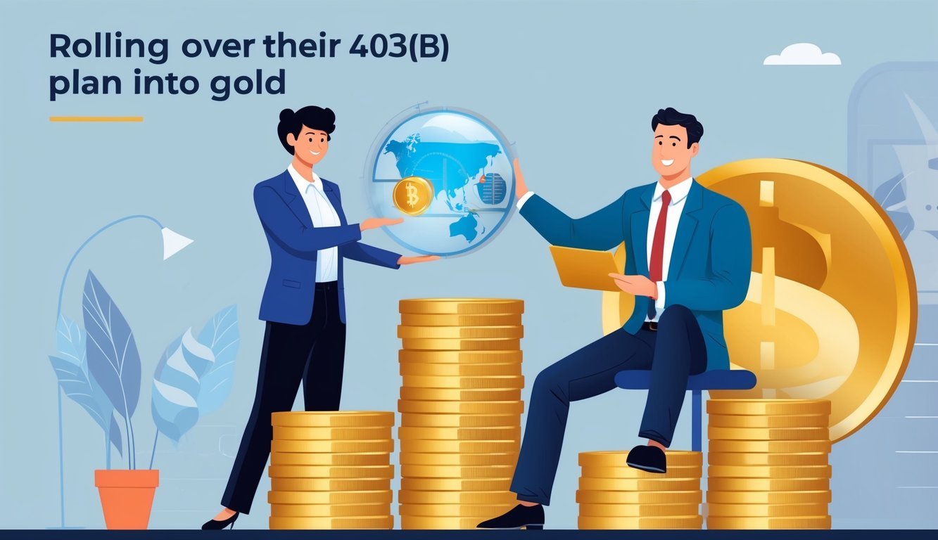 A person rolling over their 403(b) plan into gold, with a financial advisor overseeing the process