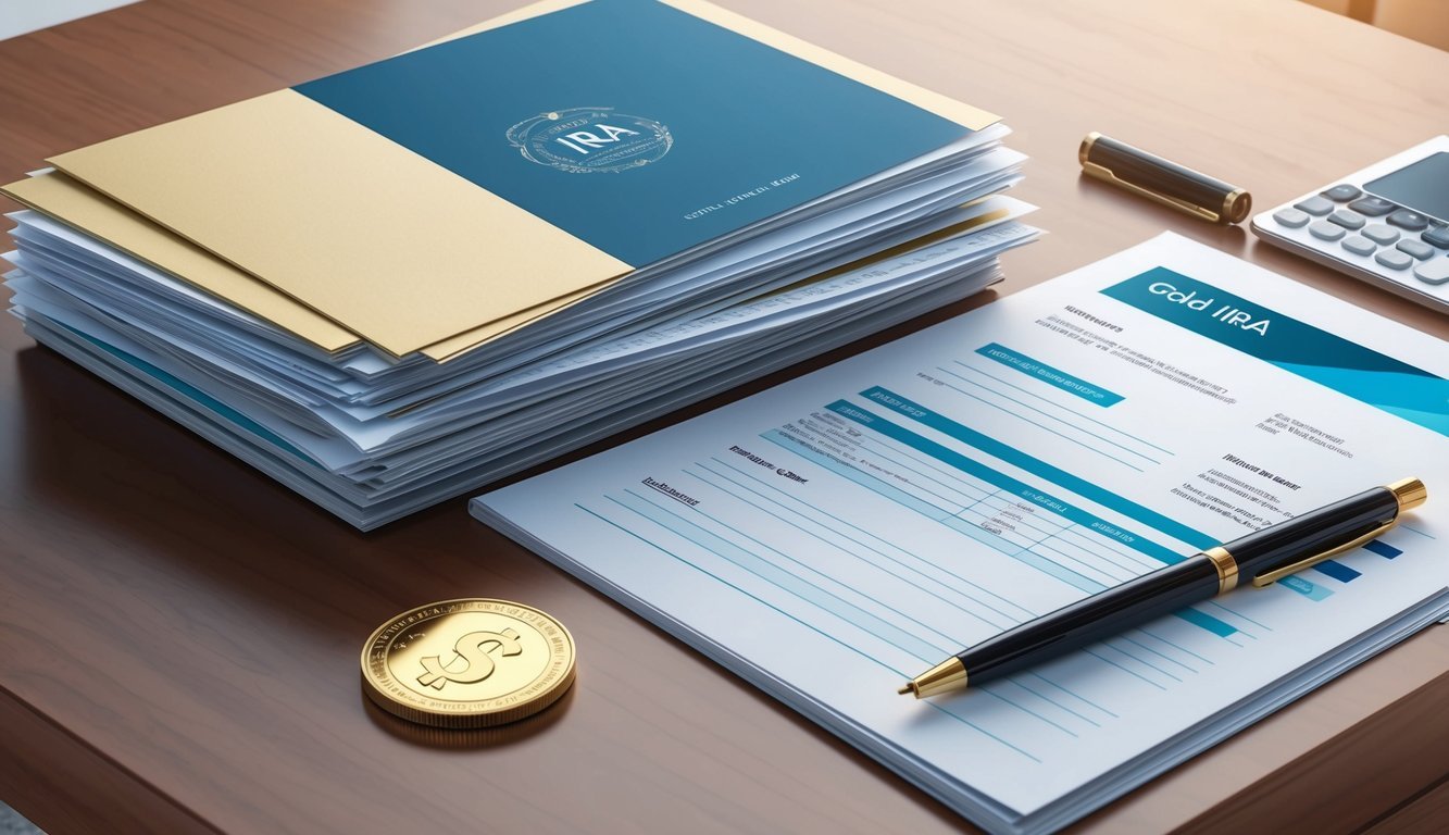 A serene and elegant office desk with a stack of financial documents, a gold IRA brochure, and a shining gold coin