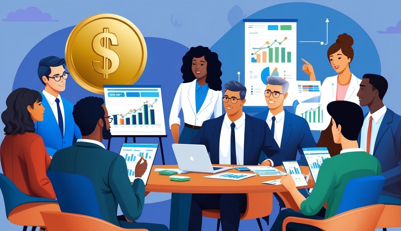 A diverse group of people discussing financial options with charts and graphs, a gold IRA symbol in the background