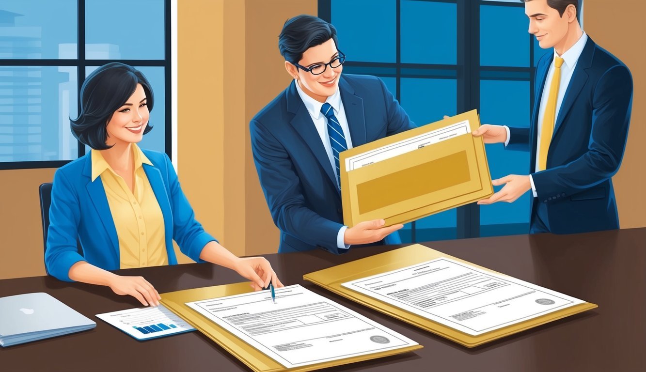 A person transferring documents from a 403(b) account to a gold IRA, with a financial advisor overseeing the process