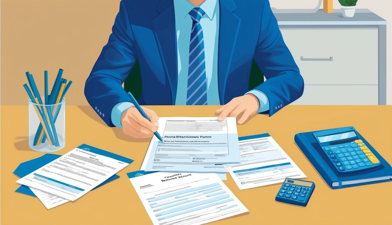 A person sitting at a desk, reviewing financial documents and filling out forms to rollover a 403(b) retirement account to a Gold IRA