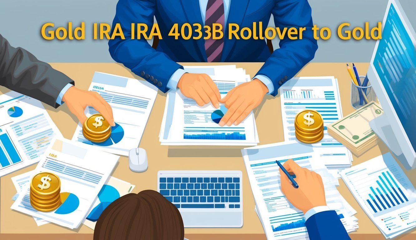 A person sitting at a desk, surrounded by financial documents and a computer, carefully managing and monitoring their Gold IRA 403b rollover to gold