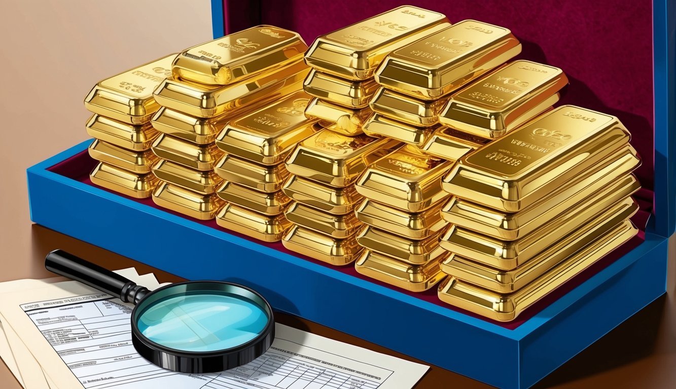 A stack of gold coins and bars arranged neatly on a velvet-lined display case. A magnifying glass and financial documents are scattered nearby