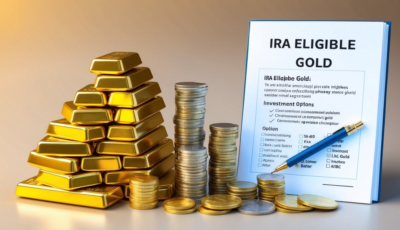 A stack of gold bars and coins arranged next to a document labeled "IRA Eligible Gold," with a variety of investment options displayed in the background
